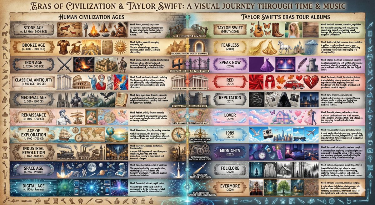 Infographic / Edu Visual - Taylor Swift Eras Tour vs. Human Civilization Ages Comparison — output 1