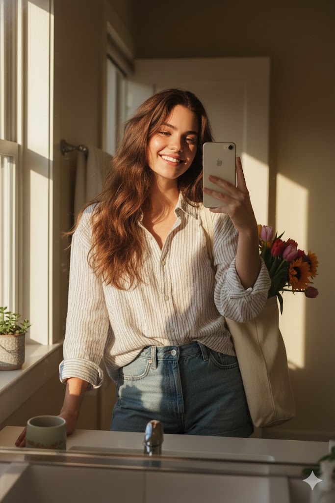 Weekend Farmers Market Mirror Selfie (Reference Image Required) — output 1