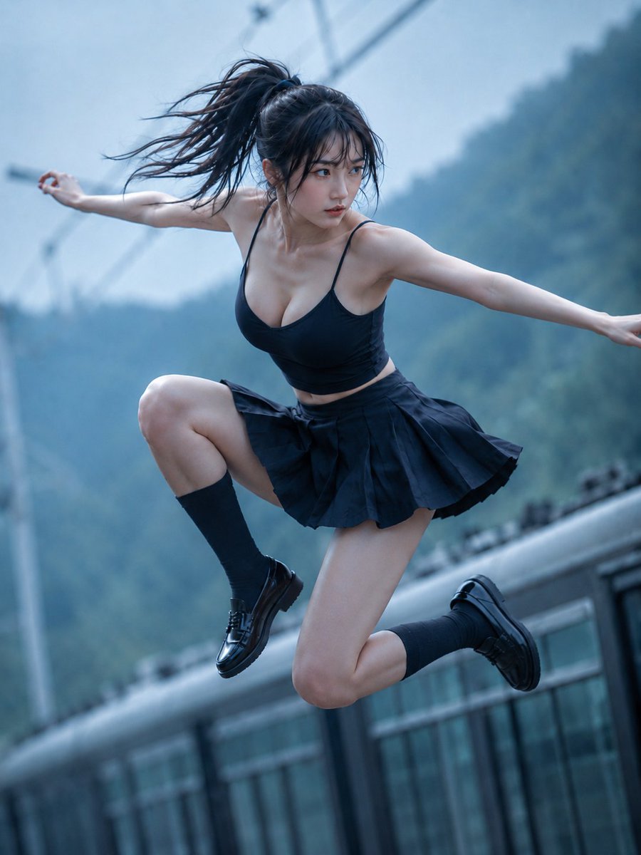 Social Media Post - Action Jumping Shot in Black Skirt — output 1