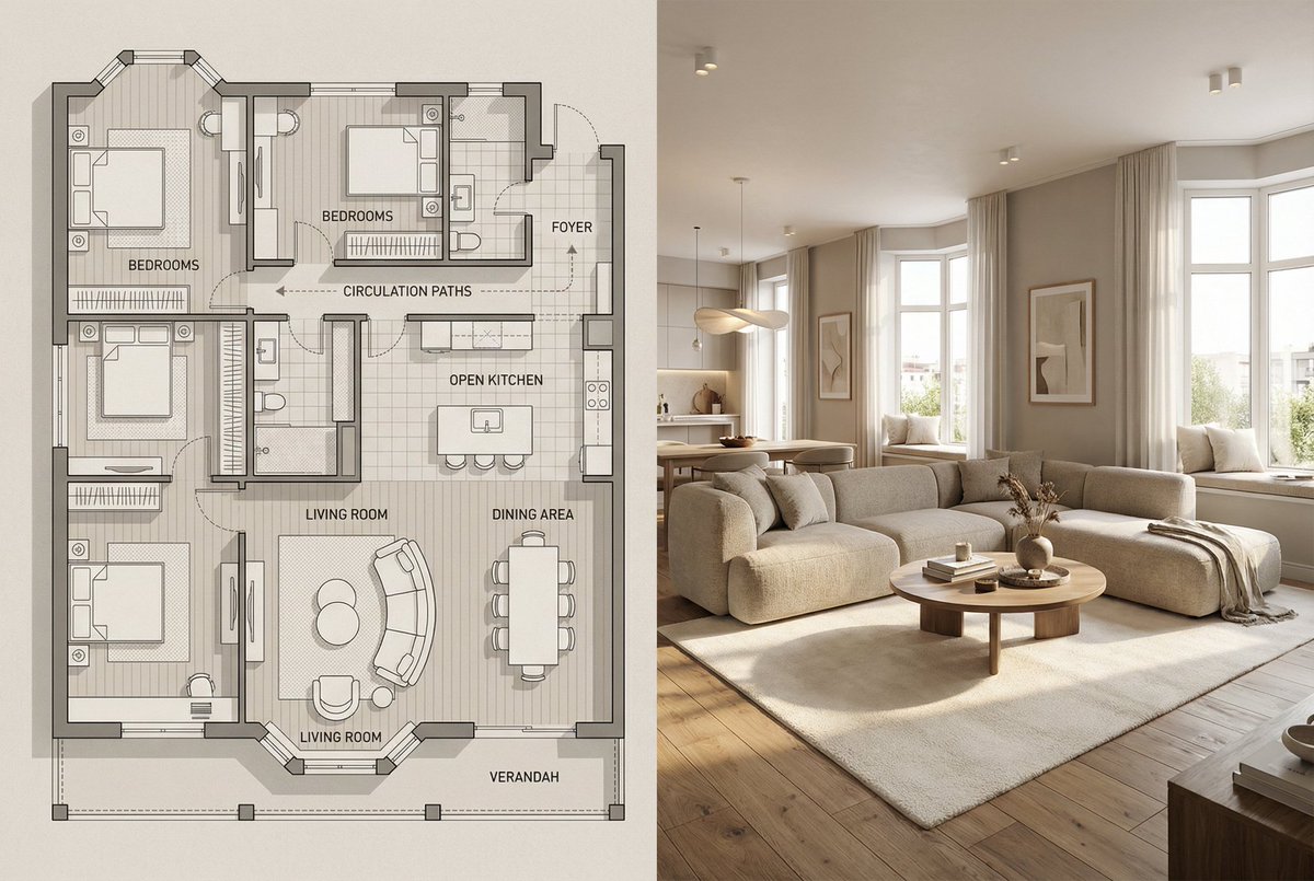 Product Marketing - Architectural Floor Plan and Realistic Interior Photo Generation — output 1