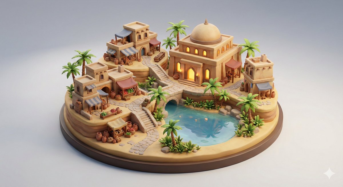 Game Asset - Collectible Miniature Diorama of a Developed Desert Oasis Settlement — output 1