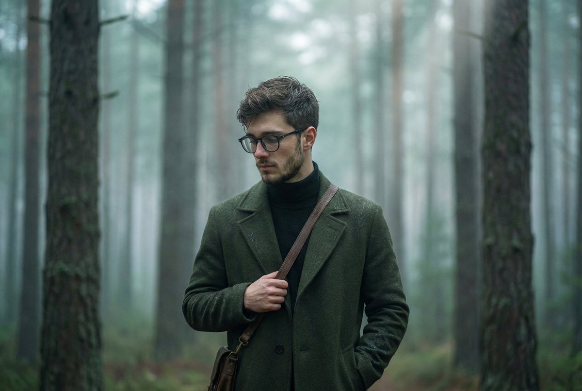 Foggy pine forest cinematic portrait — output 1