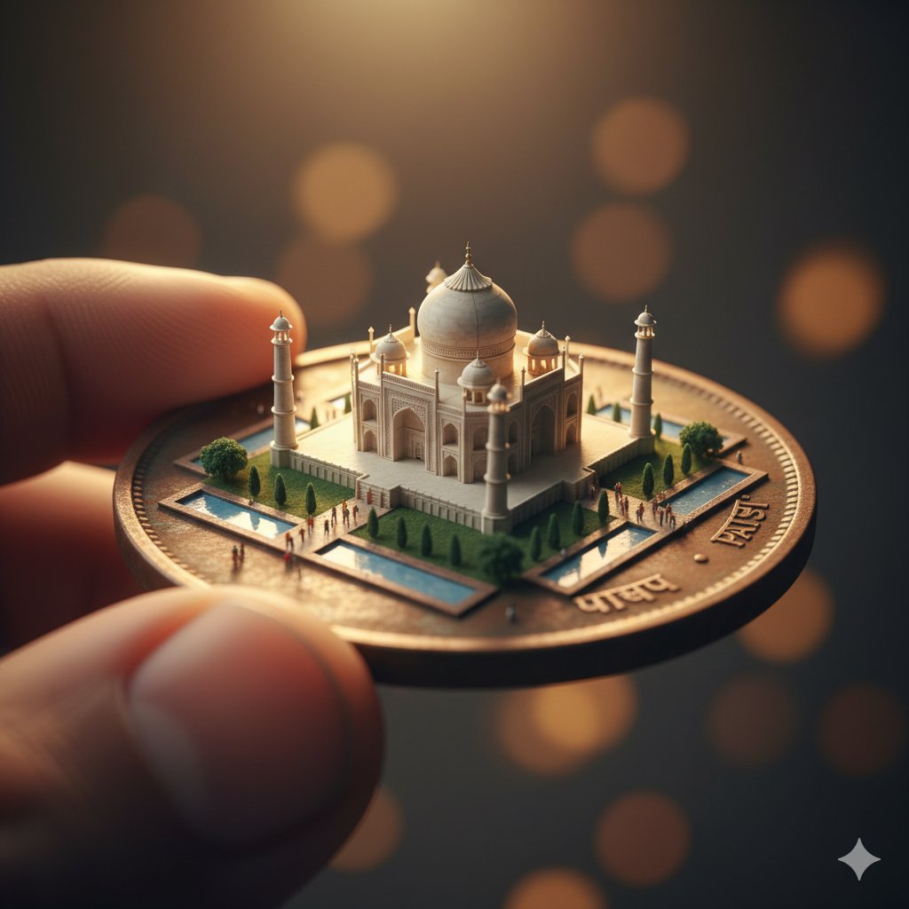 Macro Realism: Miniature Taj Mahal on a Vintage Indian Coin — output 1