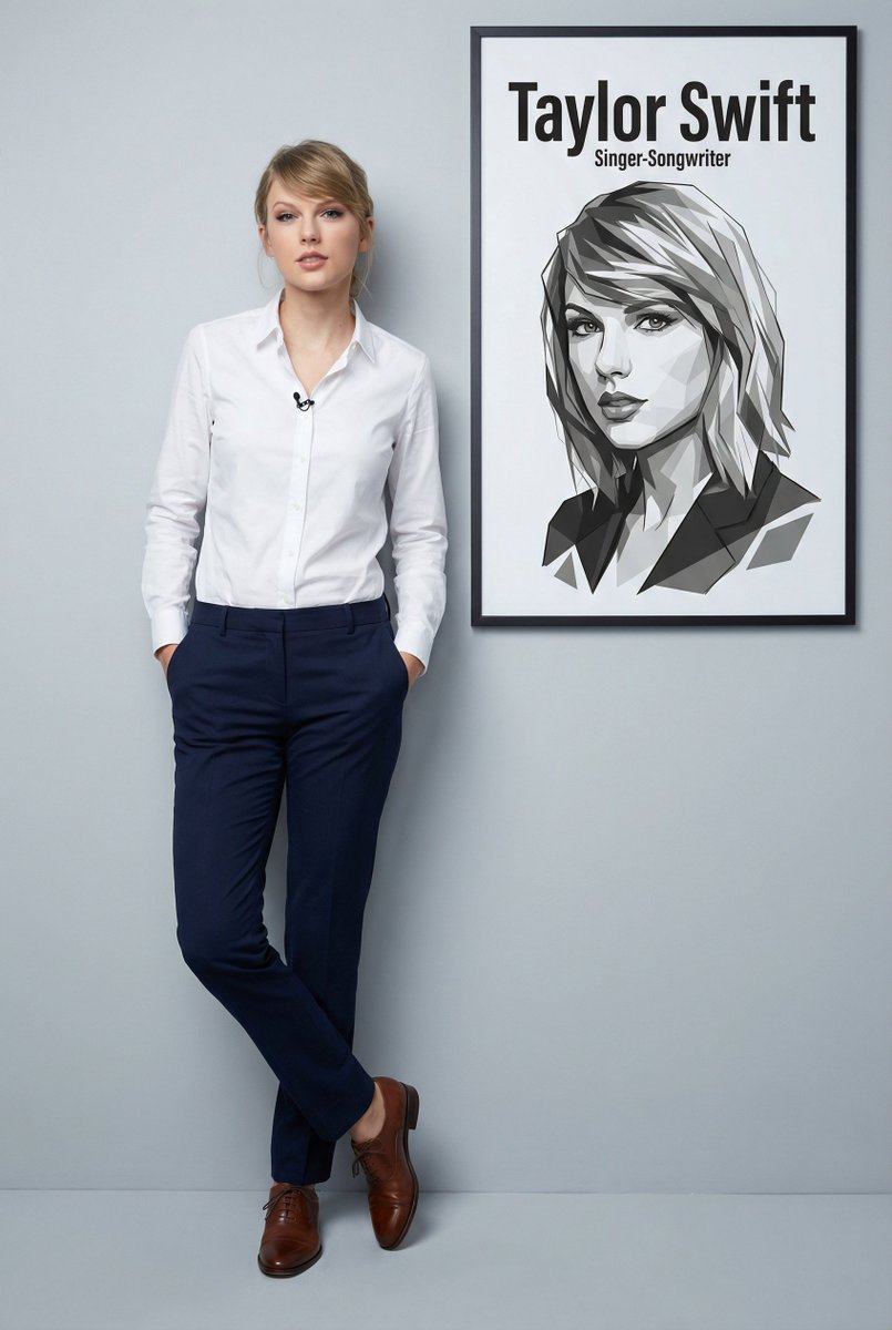 Product Marketing - Ultra-realistic full body portrait of Taylor Swift with graphic overlay — output 1