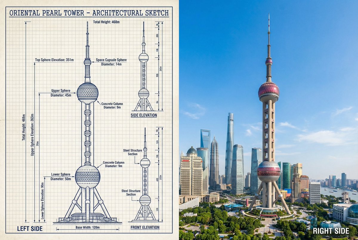 Infographic / Edu Visual - JSON Prompt for Side-by-Side Architectural Comparison of Oriental Pearl Tower — output 1