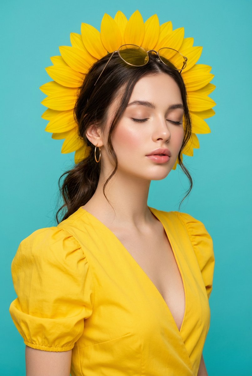 Ultra-Realistic Commercial Portrait with Yellow Dress and Turquoise Background — output 1