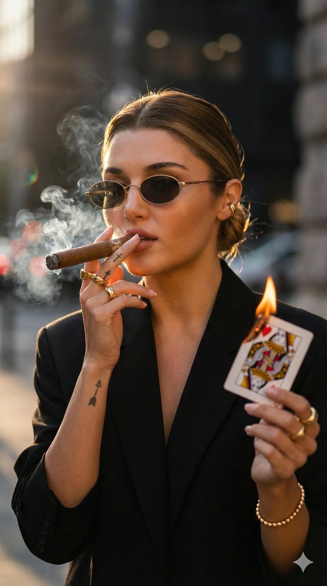 Edgy Fashion Portrait with Cigar and Playing Card Prompt (Urdu/Hindi) — output 1