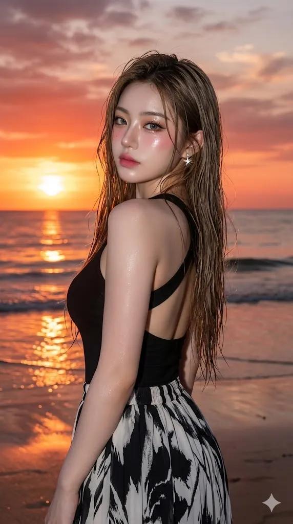 Golden Hour Beach Portrait with Glass Skin Effect — output 1