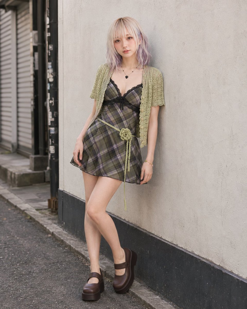 E-commerce Main Image - Pistachio Crochet Cardigan and Plaid Mini Dress — output 1