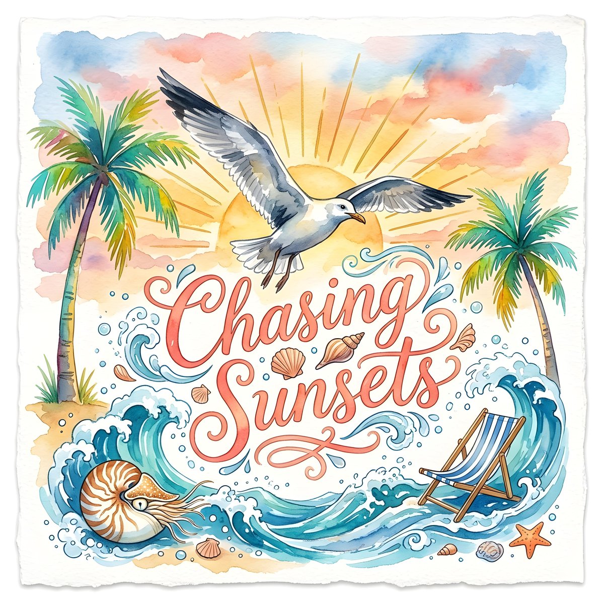 Social Media Post - Chasing Sunsets Seagull Watercolor — output 1