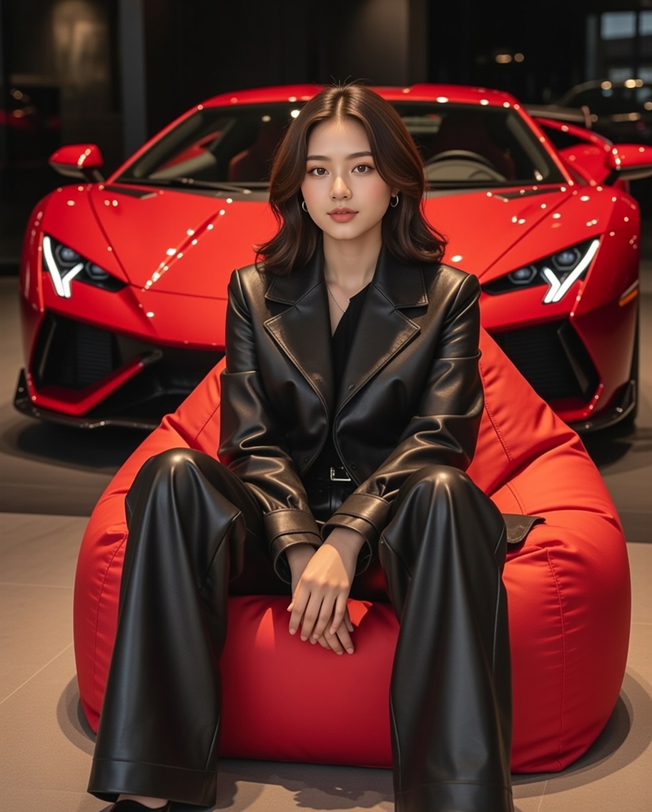 Luxury Showroom Scene with Red Supercar and All-Black Outfit — output 1