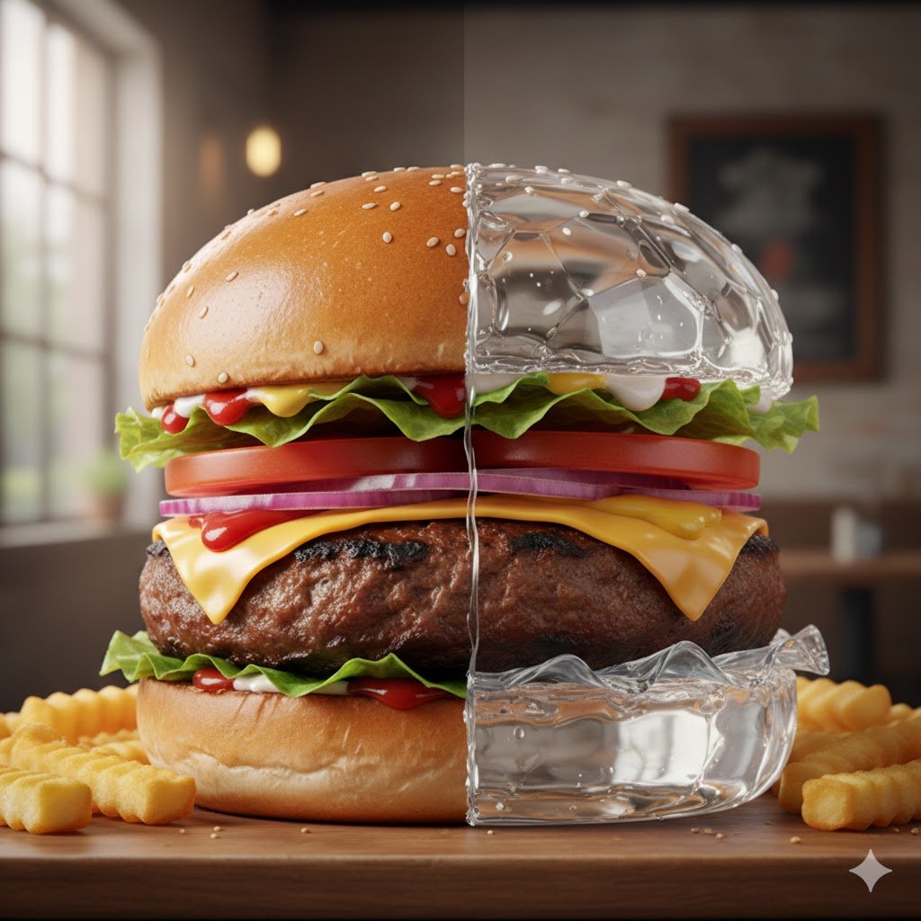 Photorealistic Hamburger Half Glass, Half Normal — output 1