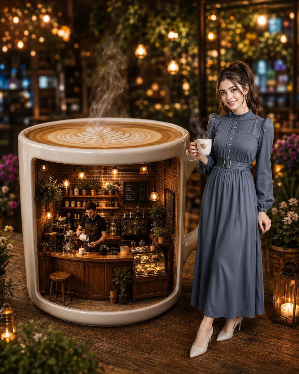 Social Media Post - Giant Coffee Mug Cafe Diorama — output 1