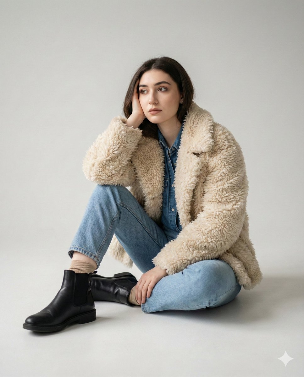 Editorial denim portrait preserving face identity — output 1