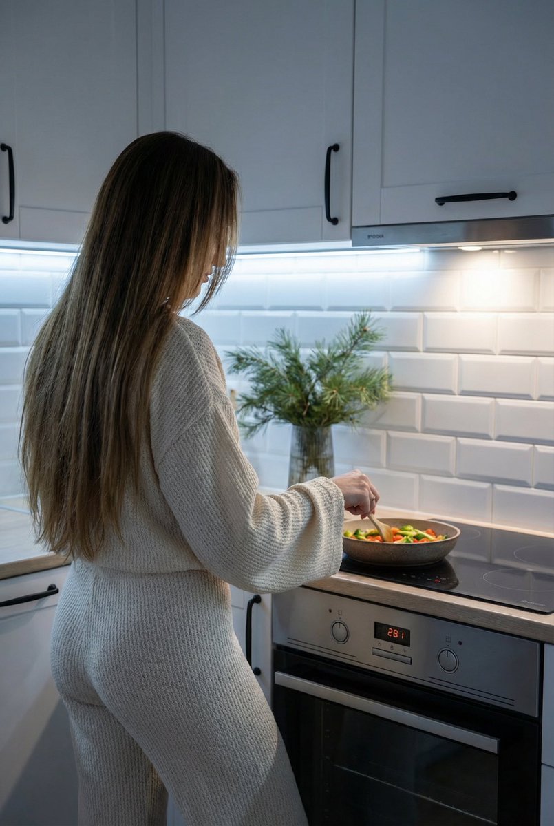 Social Media Post - Candid Shot of Woman Cooking in Modern Kitchen — output 1