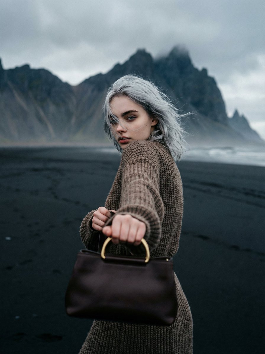 Cinematic Fashion on Black Sand Beach Prompt — output 1
