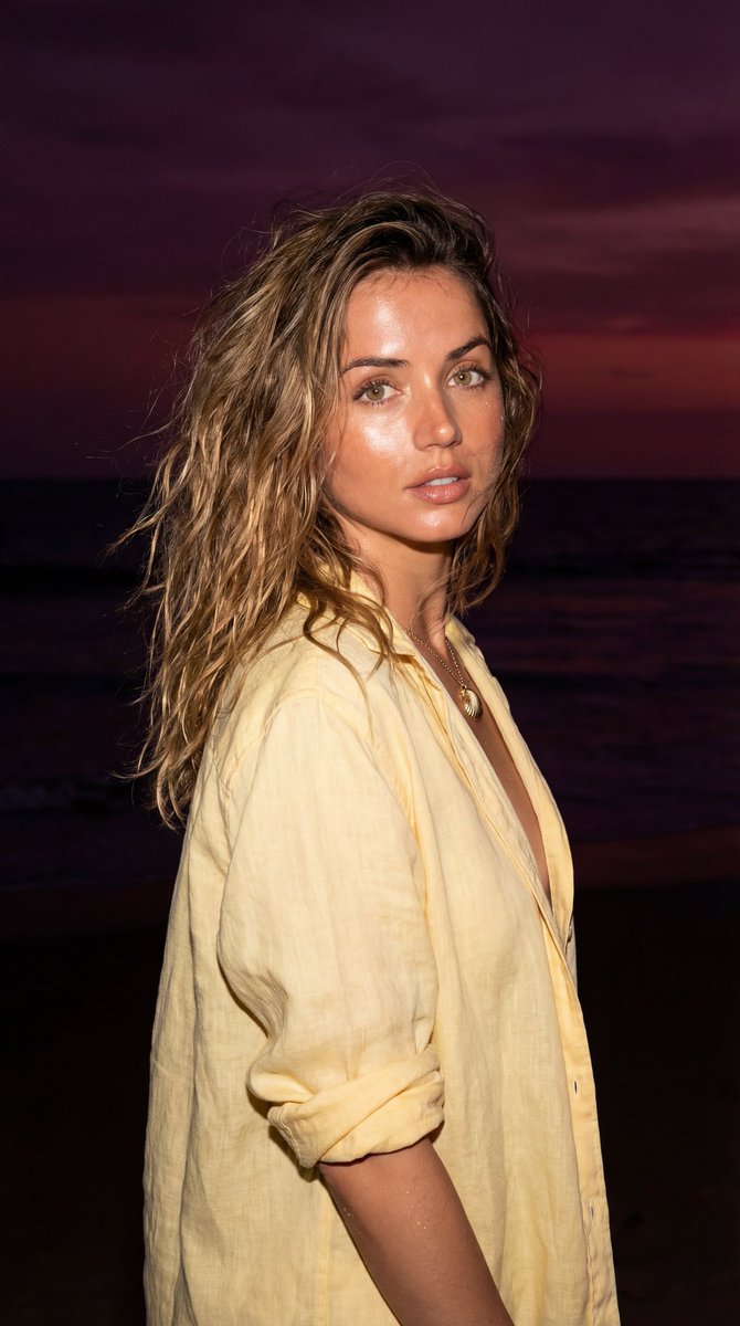 Late-Night Coastal Portrait with Flash and Sunset Glow — output 1