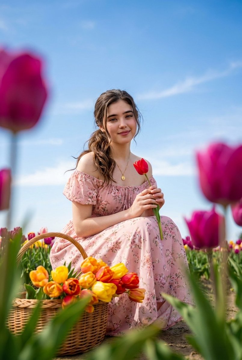 Profile / Avatar - Brunette Woman in Tulip Field Portrait — output 1