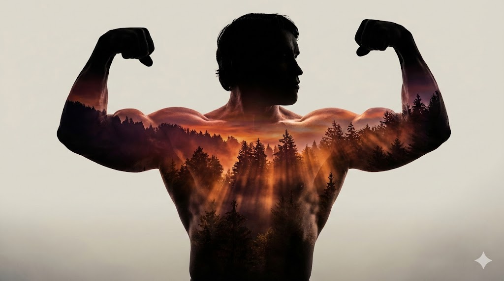 Arnold Schwarzenegger Silhouette with Volumetric Mountain Forest — output 1