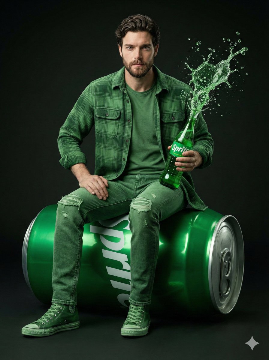Giant Sprite Can Product Shot with Subject — output 1
