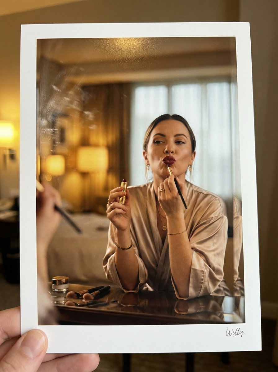 Glamorous Makeup Mirror Reflection Editorial Shot Prompt — output 1