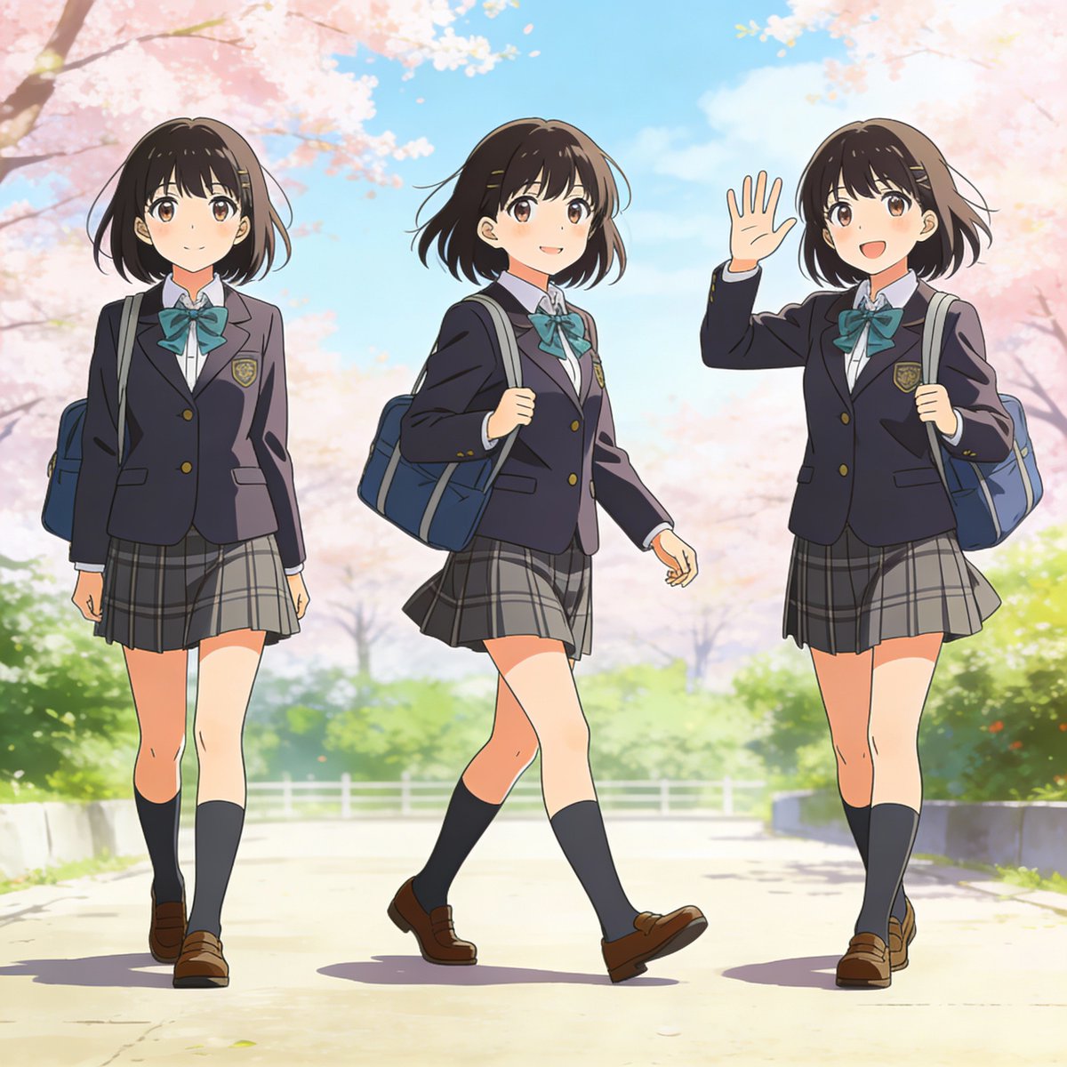Three-pose anime girl consistency prompt — output 1