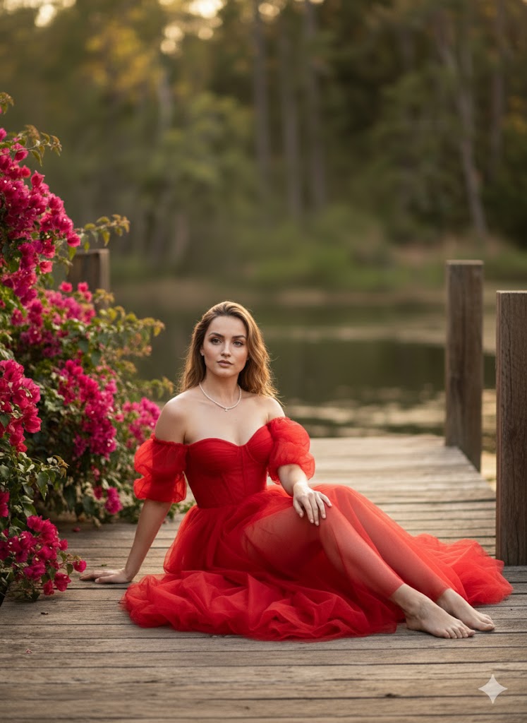 Cinematic fine-art photo of Ana de Armas in a red gala dress — output 1