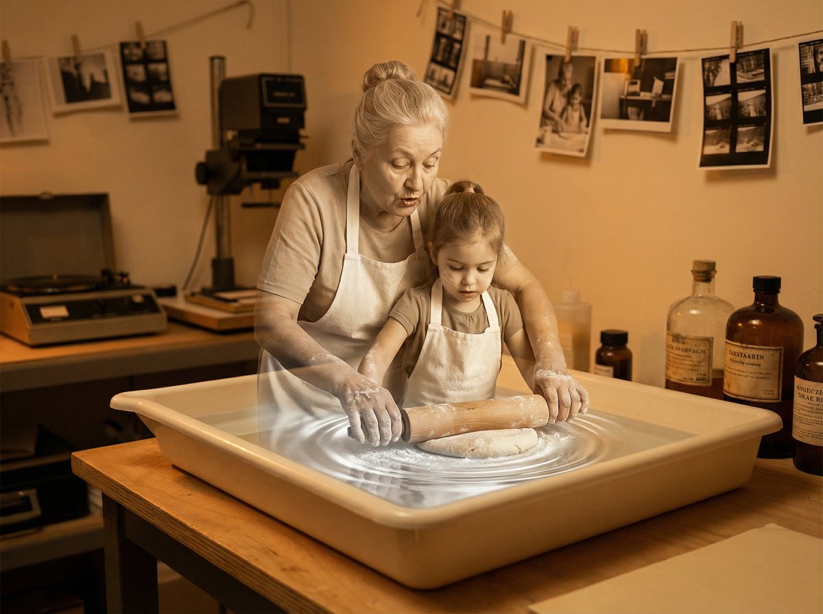 Vintage Photograph Developing in Darkroom with 3D Emergence — output 1
