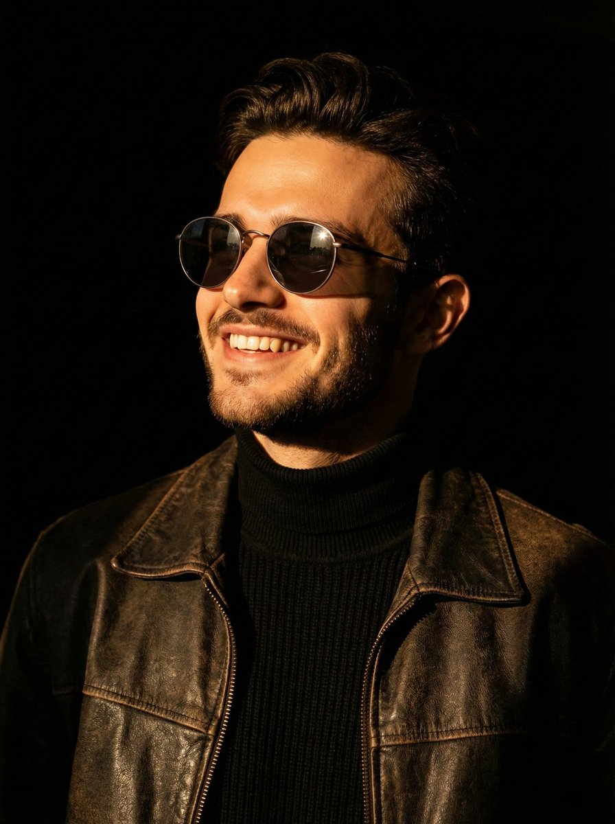 Profile / Avatar - Portrait photo prompt for a man with dramatic side-lighting and specific clothing details — output 1