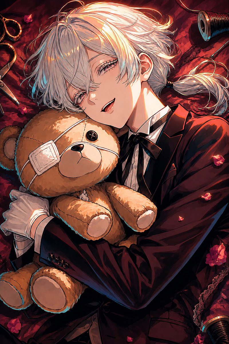 Social Media Post - Gothic Anime Boy Hugging Teddy Bear — output 1