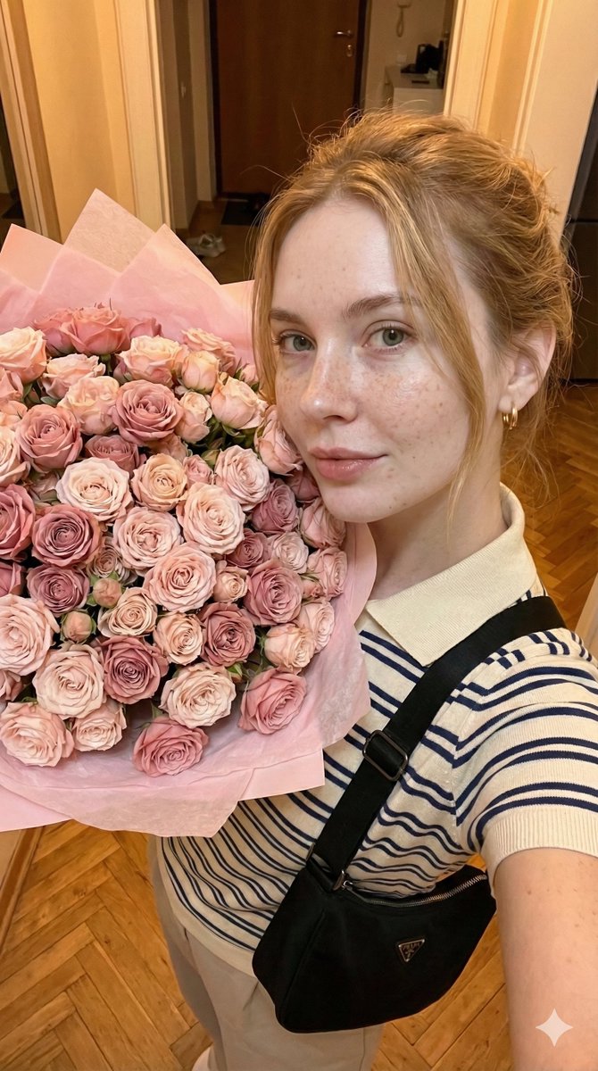 Golden Hour Selfie with Massive Rose Bouquet — output 1