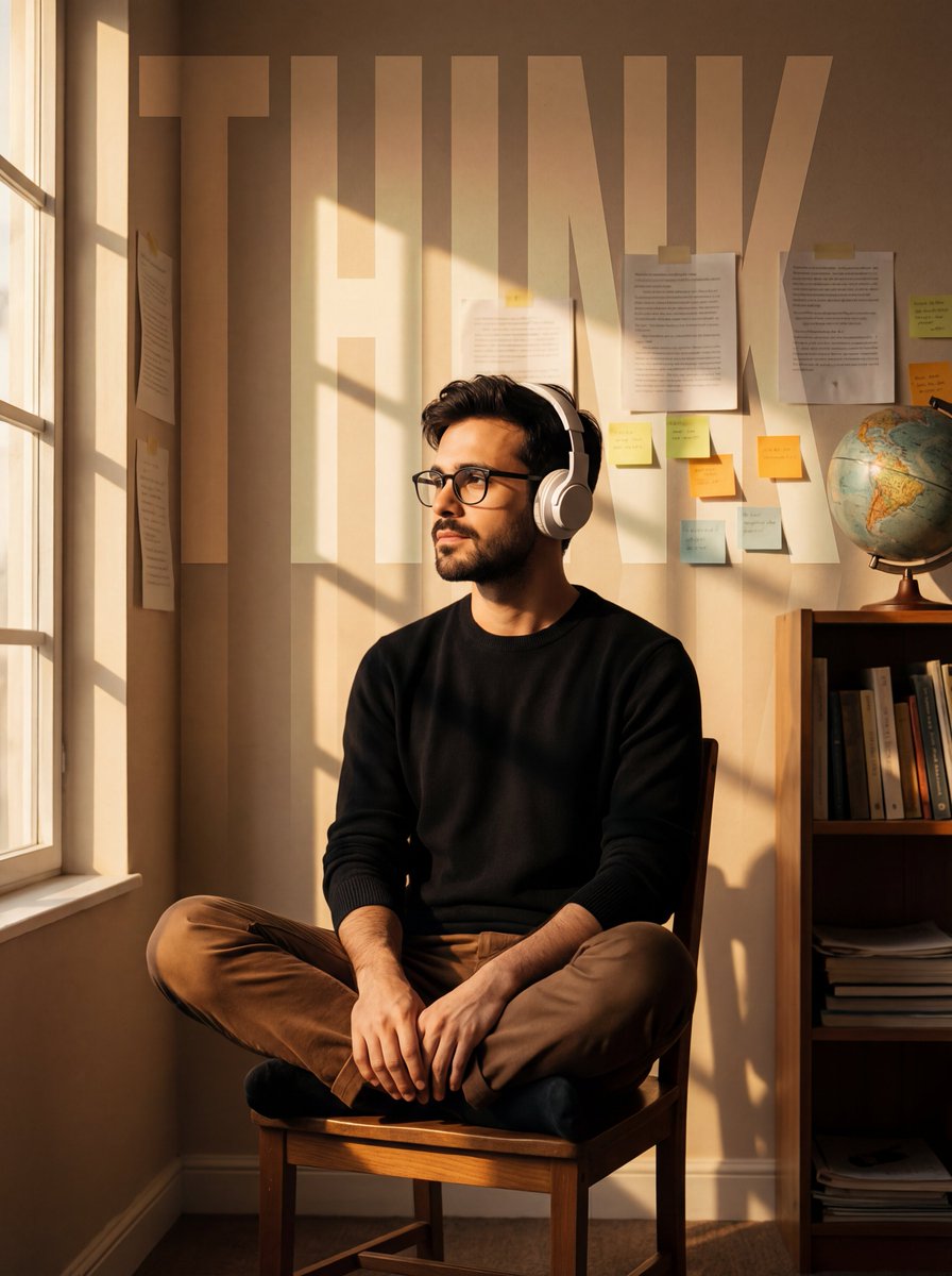 Cinematic Portrait with Window Shadows and Typography Overlay — output 1