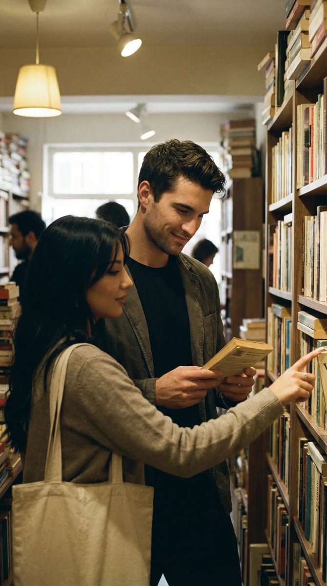 Candid Street Romance Film Still Prompt (Bookshop) — output 1