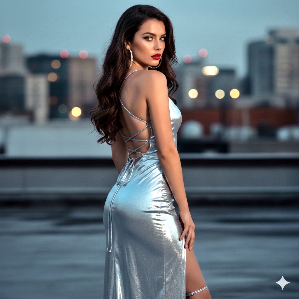 Cinematic Night Portrait in Silver Liquid Dress — output 1