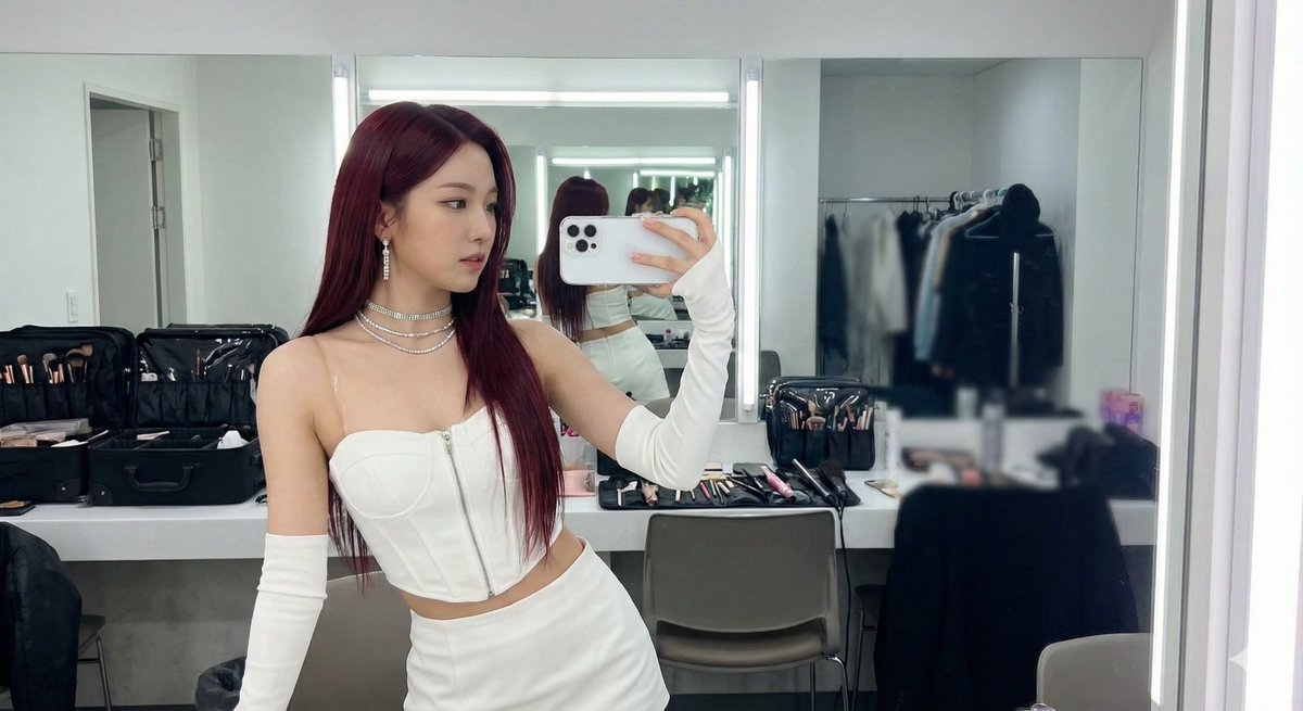 K-Pop Idol Mirror Selfie in Dressing Room — output 1