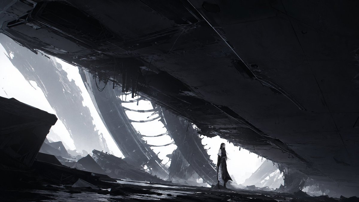 Comic / Storyboard - Lone Woman in Ruined Megastructure — output 1