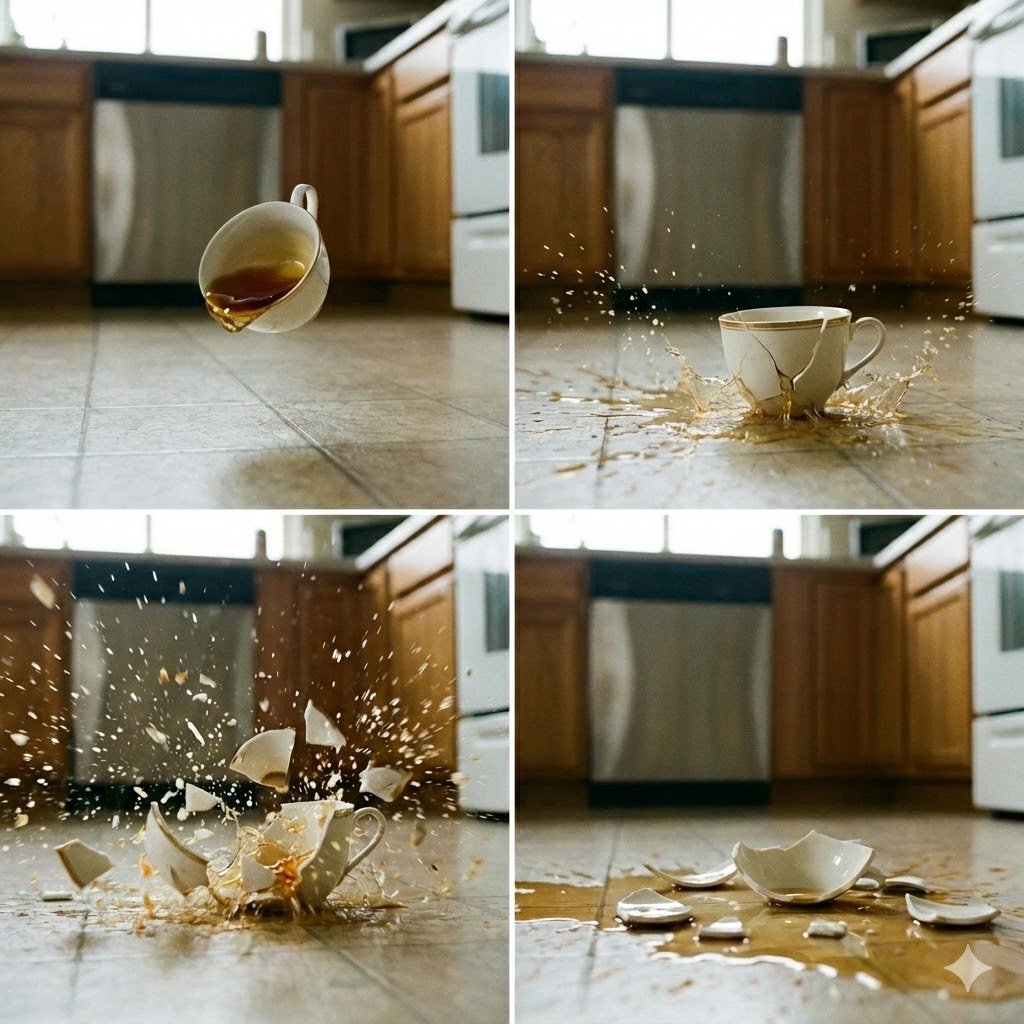 4-Panel Image of a Falling and Breaking Teacup — output 1