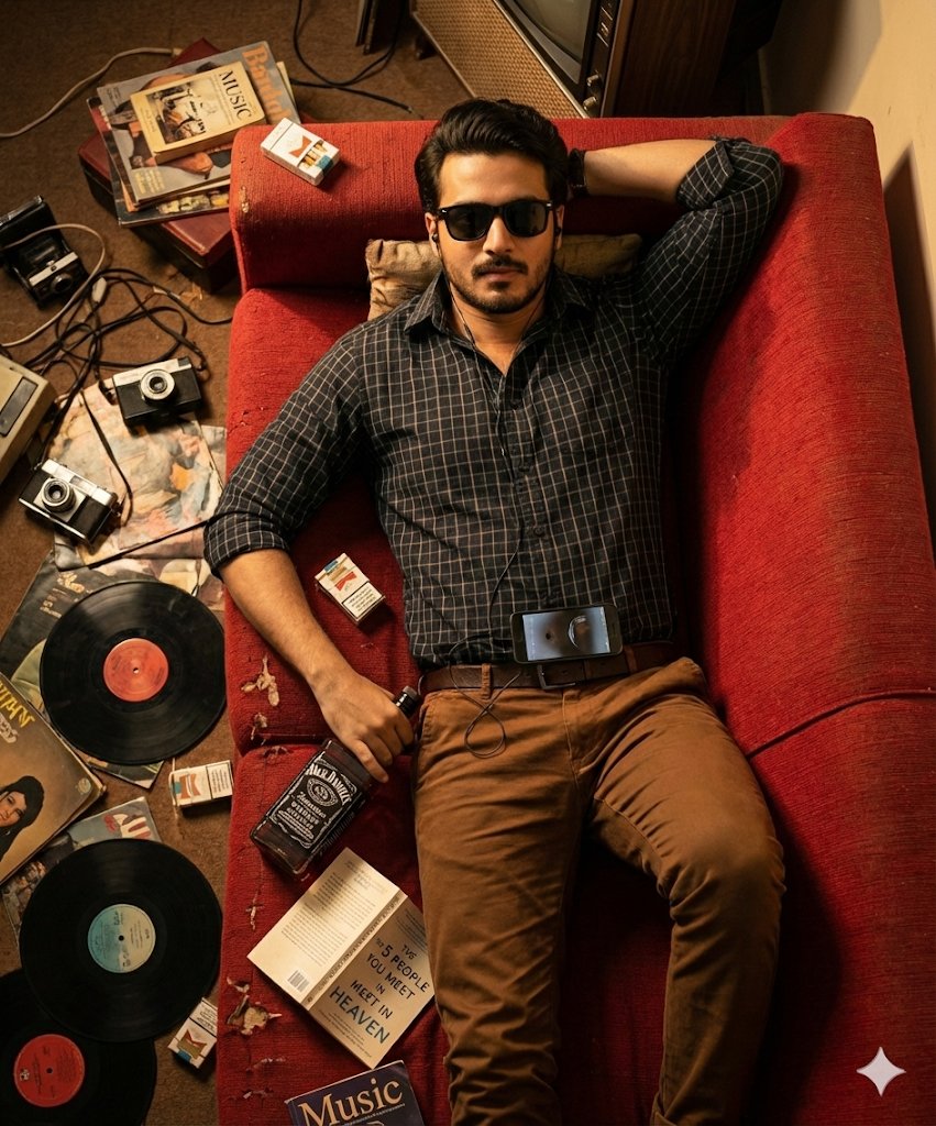 Cinematic Overhead Portrait of a Man on a Red Couch — output 1