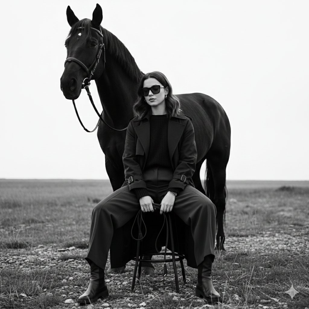 90s fashion editorial with horse and identity lock prompt — output 1