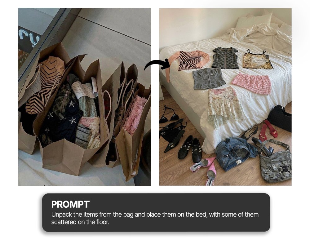 Unpack items from bag onto bed haul shot — output 1