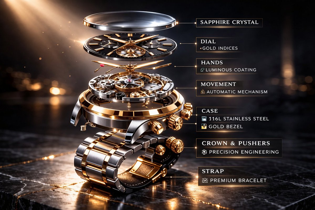 Infographic / Edu Visual - Luxury Mechanical Watch Commercial Photography Prompt — output 1