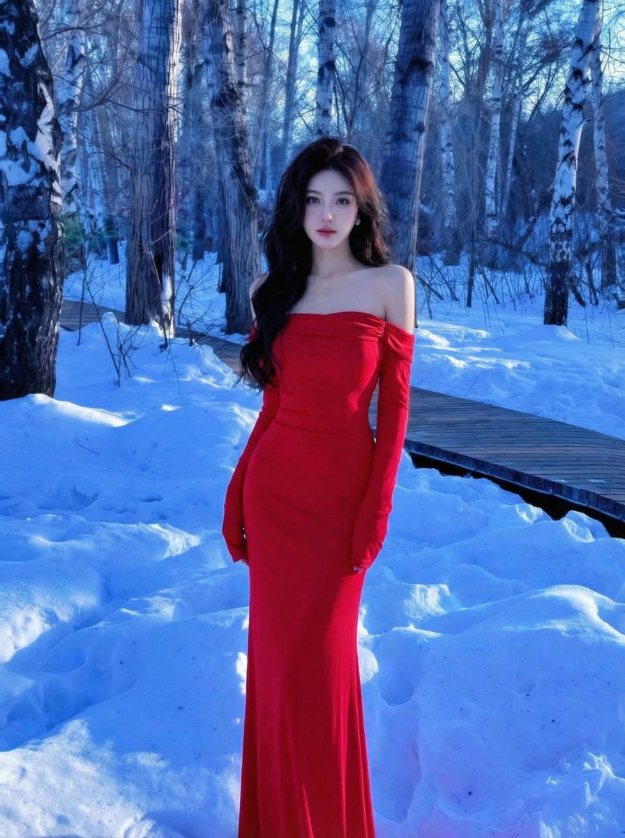 Dramatic Red Dress in Snowy Birch Forest — output 1