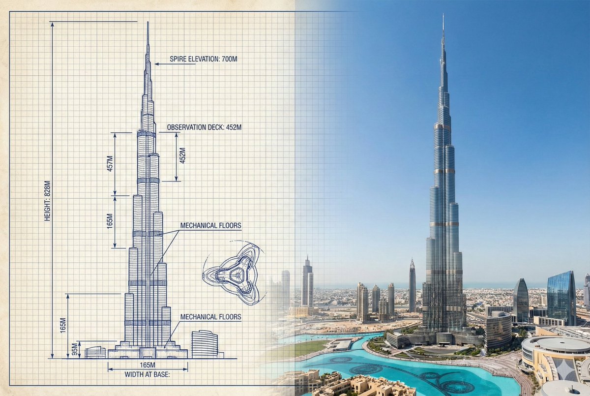 Infographic / Edu Visual - Burj Khalifa Technical Sketch and Real Photo Comparison — output 1