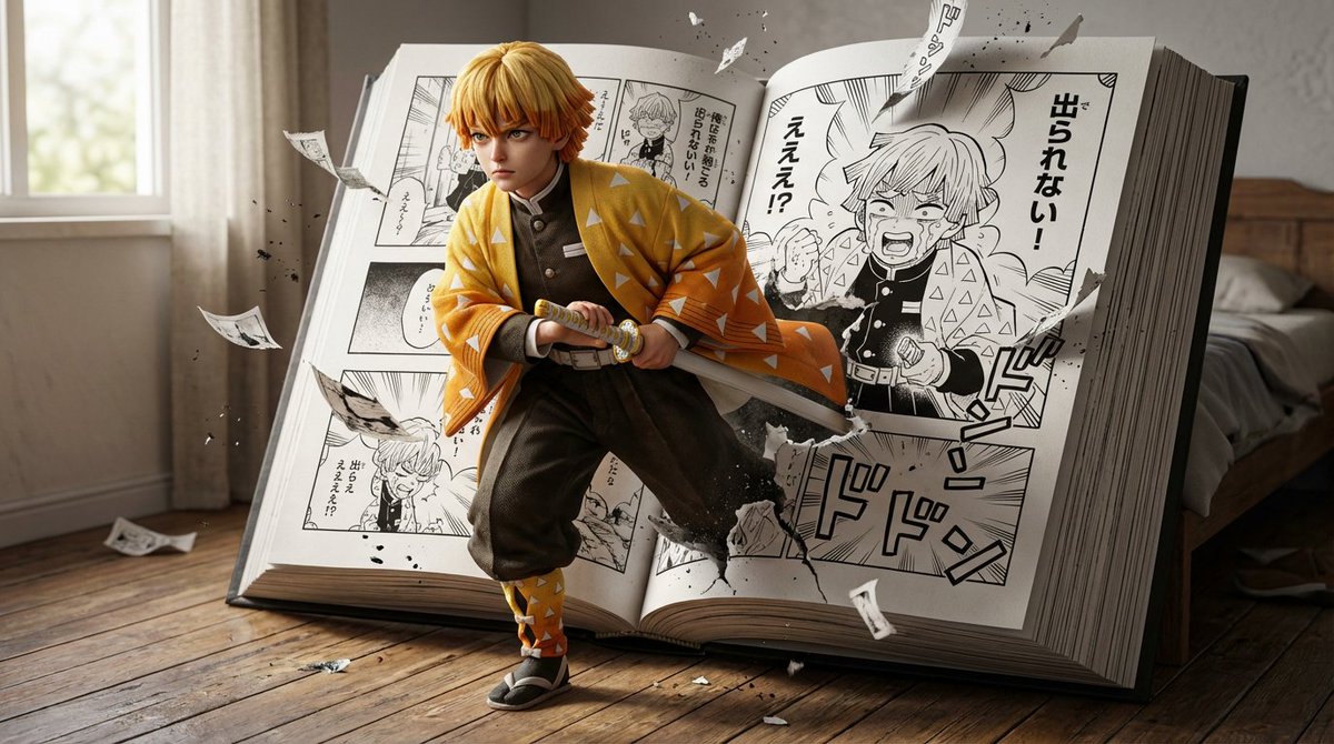 Comic / Storyboard - Hyper-realistic crossover image of Zenitsu Agatsuma from Demon Slayer — output 1
