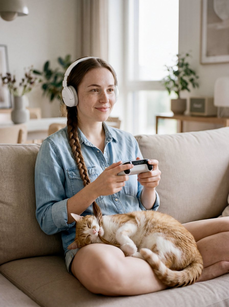 Editorial Portrait of Woman and Cat with Braid Interaction — output 1