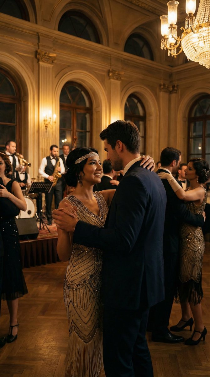 Historical romantic editorial of a couple dancing in 1920s Istanbul — output 1