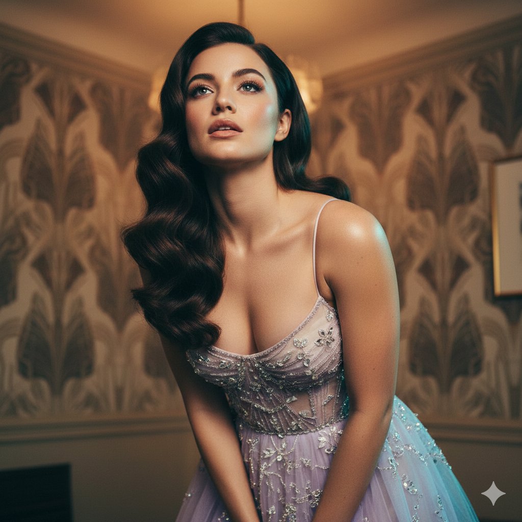 Cinematic Editorial Fashion in Lavender Couture Gown — output 1