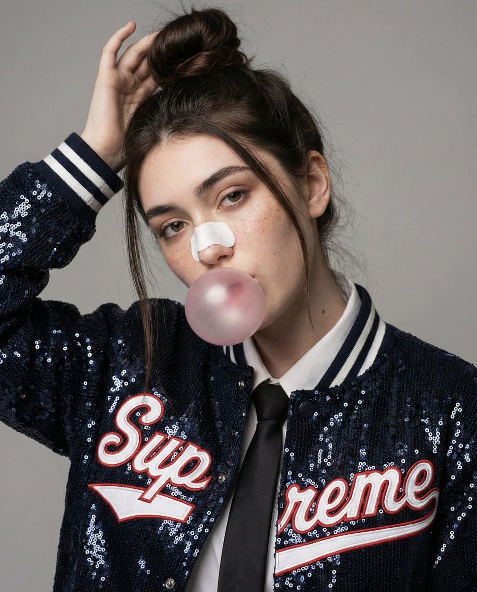 Fashion Editorial Portrait with Bubble Gum and Nose Strip Prompt — output 1