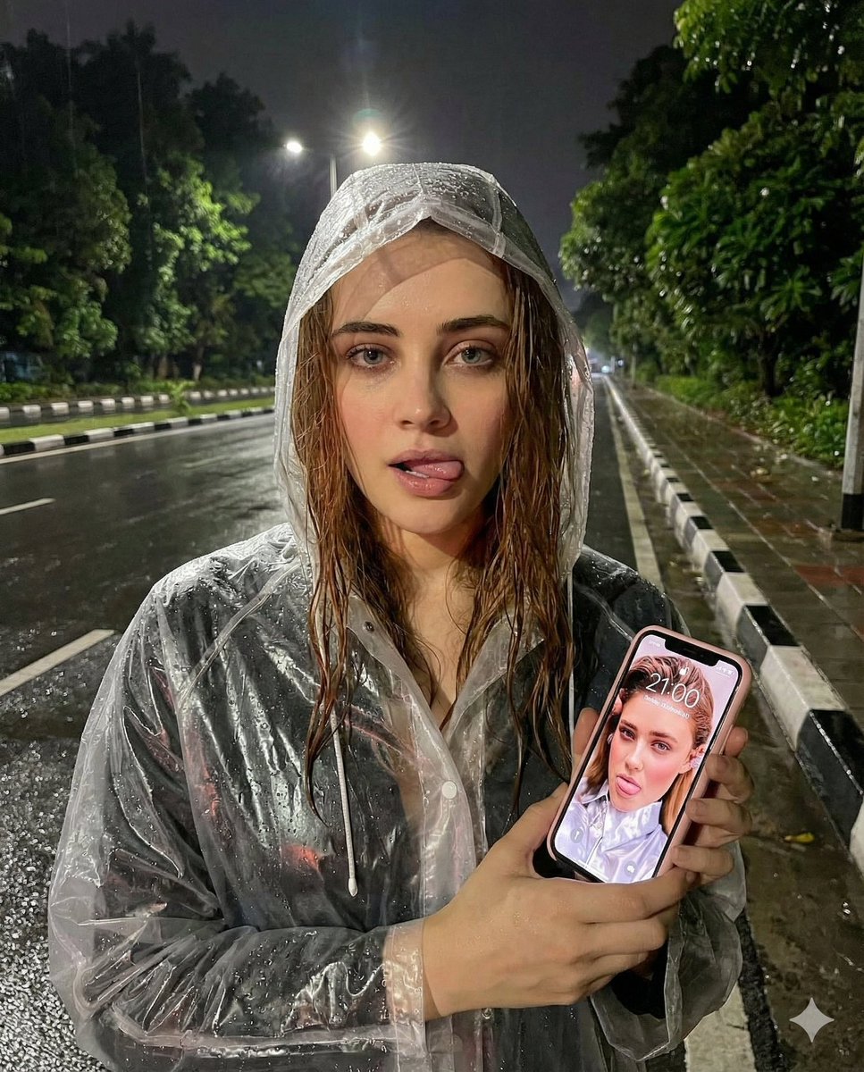 Nighttime Rainy Street Selfie Photo Edit Prompt — output 1