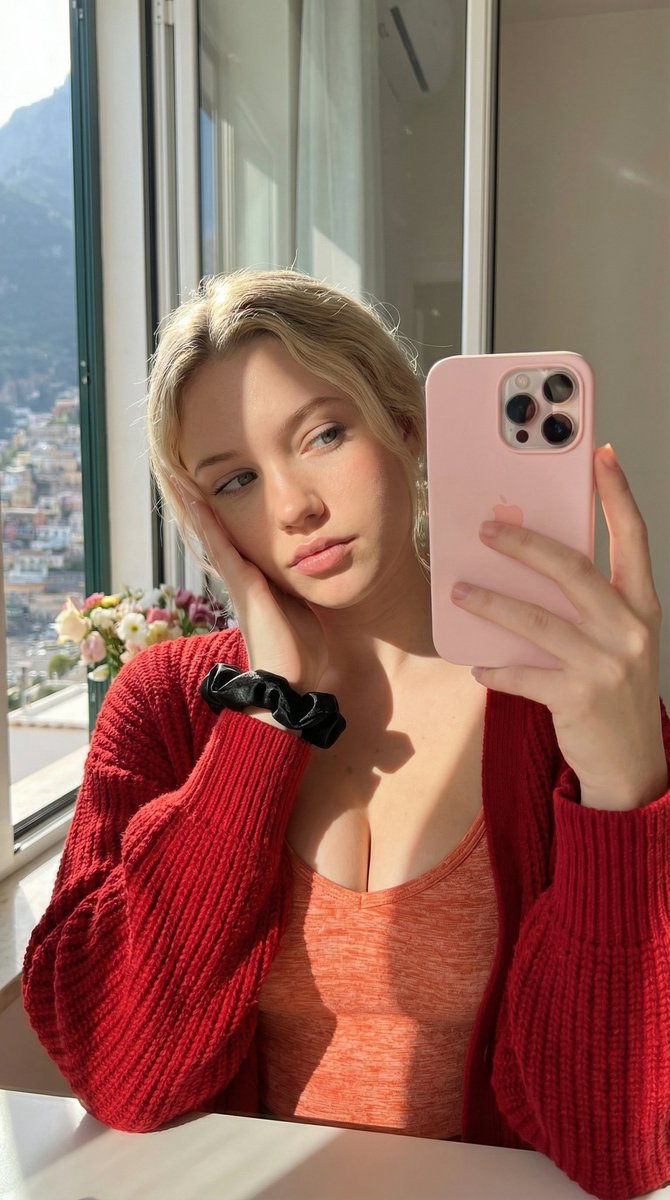 Profile / Avatar - Dual Mirror Selfie Prompts (Red vs. Yellow Cardigan) — output 1